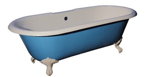 Cast Iron Freestanding Clawfoot Tub, Exterior Painted Robotic Blue