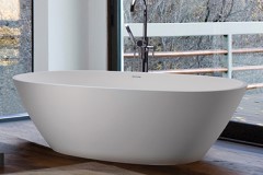 Oval Freestanding Tub with Curving Sides, Flat Rim, Center Side Drain