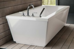 Modern Rectangle Freestanding Bath, Faucet Deck, Angled Sides, End Drain