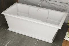 Rectangle Freestanding Tub with Pedestal, Angled Sides, Flat Rim, Center Drain