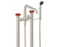 Freestanding 2 Post Tub Filler, Squared Spout, Red Wheel Handle