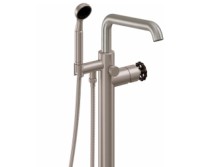 Freestanding Single Post Tub Filler, Squared Spout, Black Wheel Handle