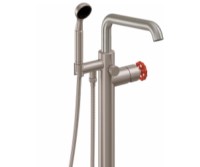 Freestanding Single Post Tub Filler, Squared Spout, Red Wheel Handle