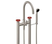 Freestanding 2 Post Tub Filler, Curving Spout, Red Wheel Handle