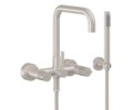 Curving Spout Bridge Wall Mount Tub Filler with Intaglio Handle, Handshower on a Hook