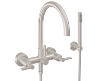 Curving Spout Bridge Wall Mount Tub Filler with Post Lever Handle, Handshower on a Hook