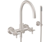 Curving Spout Bridge Wall Tub Filler with Carbon Fiber Post Lever Handle, Handshower on a Hook