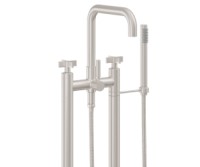 Flat Quad Spout, 2 Leg Freestanding Tub Filler, Cross Handle, Handshower