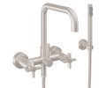 Flat Quad Spout Bridge Wall Mount Tub Filler with Post Handle, Handshower on a Hook