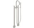 Curving Spout 2 Leg Freestanding Tub Filler, Teak Lever Handle, Handshower