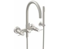 Curving Spout Bridge Wall Mount Tub Filler with Post Lever Handle, Handshower on a Hook