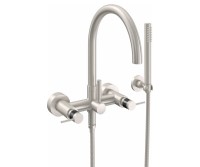 Curving Spout Bridge Wall Tub Filler with Carbon Fiber Post Lever Handle, Handshower on a Hook