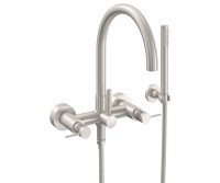 Curving Spout Bridge Wall Tub Filler with Knurl Post Handle, Handshower on a Hook