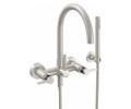 Curving Spout Bridge Wall Mount Tub Filler with Post Handle, Handshower on a Hook