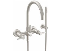 Curving Spout Bridge Wall Mount Tub Filler with Knurl Tapered Handle, Handshower on a Hook