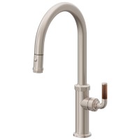 Push Button Pull Down, High Arch Kitchen Faucet, Teak Handle