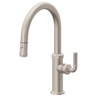 Push Button Pull Down, Low Arch Kitchen Faucet, Knurl Textured Handle