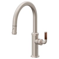 Push Button Pull Down, Low Arch Kitchen Faucet, Teak Handle