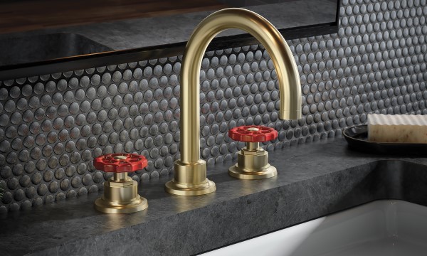 Industrial Design Widespread Sink Faucet, Red Wheel Handles