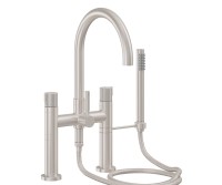 Tall Curving Spout, Bridge Style Tub Filler, Pinstripe Handles