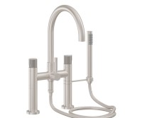 Tall Curving Spout, Bridge Style Tub Filler, Pinstripe Intaglio Handles