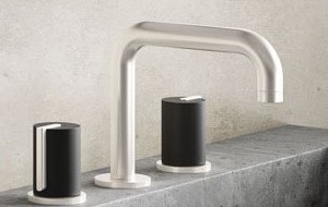 Sink Faucet with Satin Nickel Spout and Matte Black Jalama Smooth handles