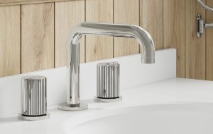 Sink Faucet with Pinstripe texture Intaglio handles in Polished Chrome finish