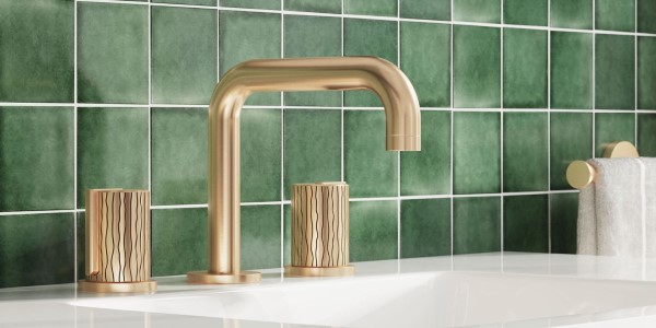 Showing Quad Spout Wide Spread Faucet with Rivulet Intaglio Handles in Satin Brass