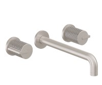 Long Spout, 2 Handle Wall Sink Faucet, Pinstripe Intaglio Handles