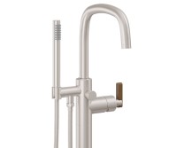 Curving Spout, Teak Lever Handle Single Hole Freestanding Tub Filler with Handshower