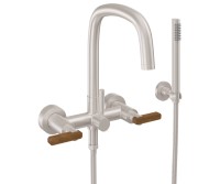 Curving Spout Bridge Wall Mount Tub Filler with Teak Lever Handle, Handshower on a Hook