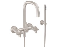 Curving Spout Bridge Wall Mount Tub Filler with Cross Handle, Handshower on a Hook