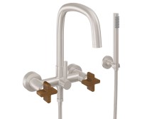 Curving Spout Bridge Wall Mount Tub Filler with Cross Teak Handle, Handshower on a Hook