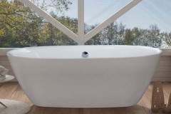 Oval Freestanding Tub with Narrow Rim, Curving Sides, Center Side Drain