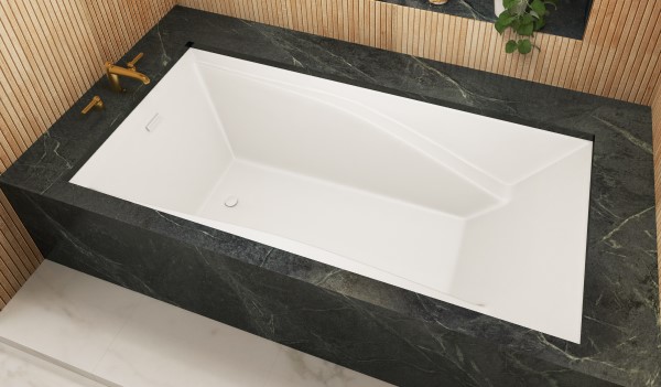 Landon Rectangle Bathtub with Modern Rim, End Drain, Angled Armrests